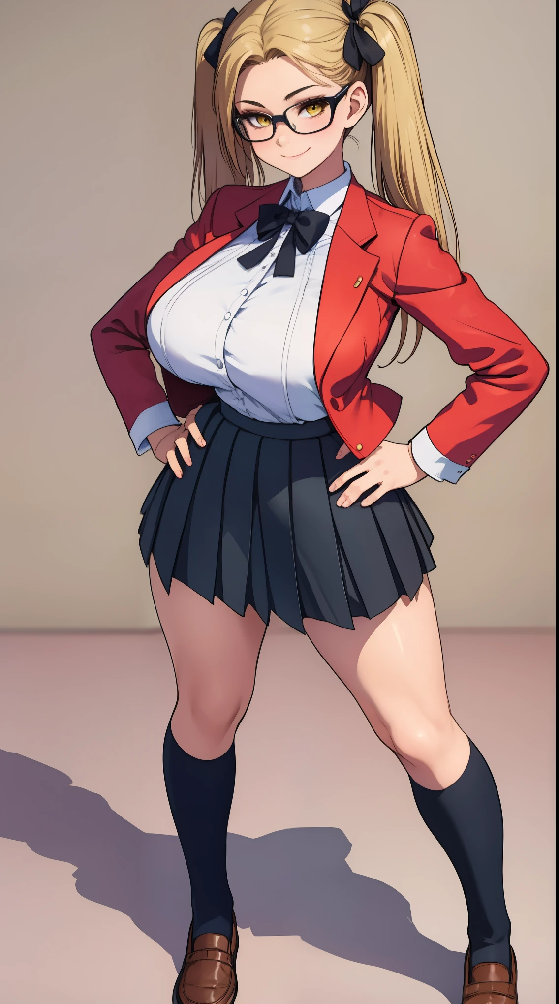 girl, solo, full body, from head to toe, standing, (Huge_Breasts:1.3), wearing a short skirt (weight: 1.5),
Character Design Sheet, character reference sheet, character turn around,
saotome mary, school uniform, red jacket, twintails, blonde hair
a girl with blonde hair and glasses standing in front of a white background, 1girl, solo, skirt, jacket, school uniform, twintails, blonde hair, hand on hip, shirt, red jacket, white shirt, full body, long hair, black ribbon, looking at viewer, pleated skirt, ribbon, smile, black skirt, yellow eyes, blazer, brown footwear, socks, collared shirt,