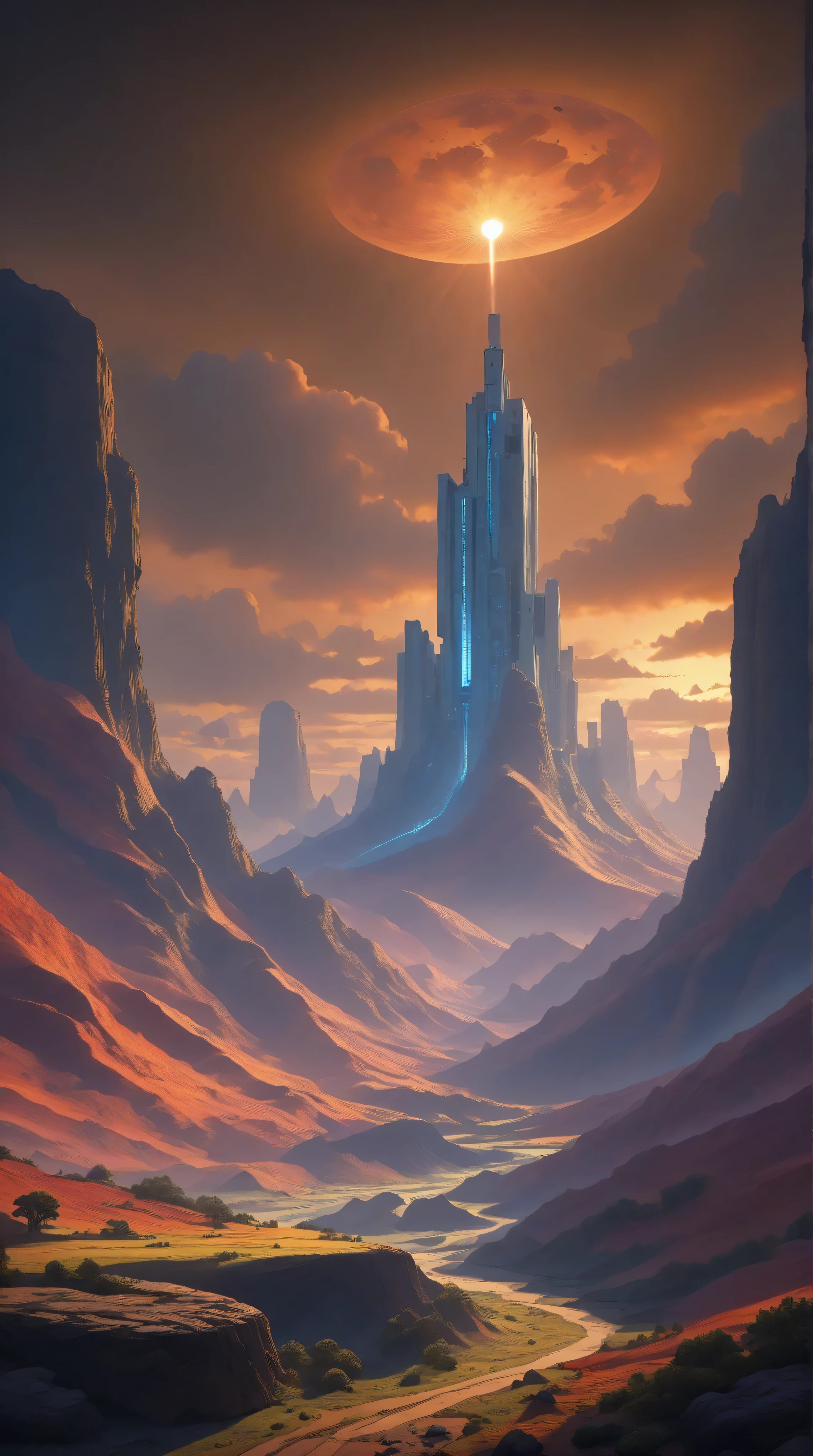 a futuristic landscape in the illustrative style of french illustrator Moebius, (purples, reds, blues),