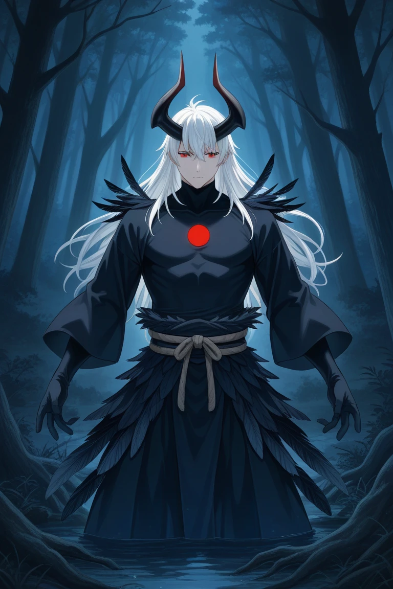 An anime-style illustration of a shinobi black horn white hair,red eyes cute boy with many feather and a dark blue covered in deep blue in a deep forest.