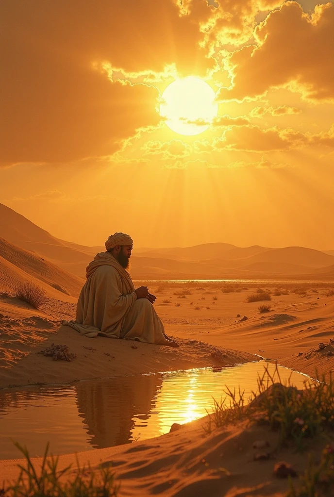 In a 9-meter oil painting:16, an Arab man from the early Islamic era is depicted sitting calmly on the hot desert sand. His body was thin and covered in wounds., shows former suffering and torment. However, her facial expression radiates calmness, patience, and deep sincerity. The man&#39;s eyes closed softly., while her lips curved slightly in a small smile full of resignation, as if accepting all suffering with an open heart.

He sat with his back straight., his hands are placed on his knees in a calm and surrendered position. His tattered clothes hung loosely on his body., torn in many parts, but he still looks noble in his simplicity. Around him, the vast desert stretches out, bright blue sky above with the sun shining brightly, creating a long, soft shadow behind it
