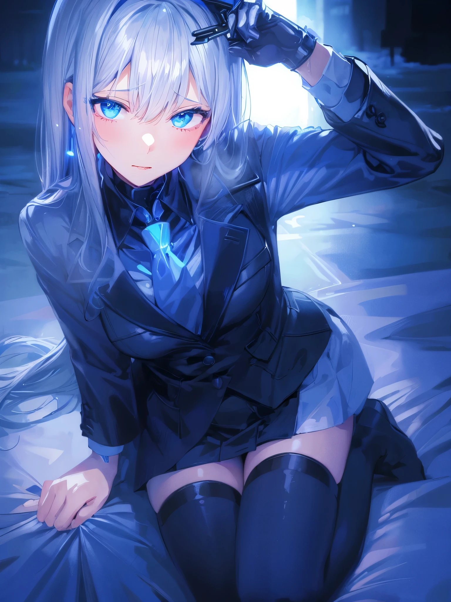 upper body, 1girl, wallpaper, light particles, bed, background, look at viewer, light blue hair, long hair, twintails, white eyes, ninja mask, adult