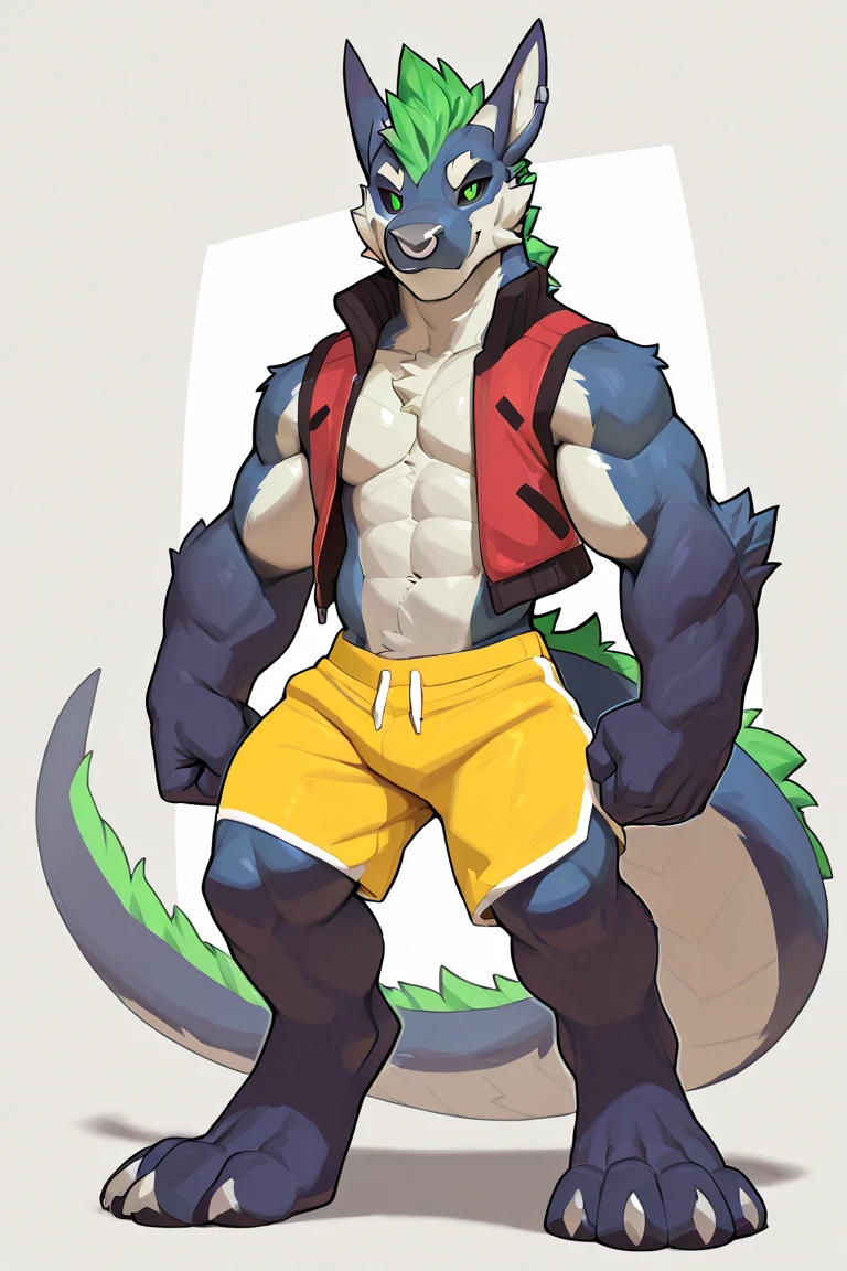 anthro, gummigoo, two_toned_body, white chest, white eyes, green and yellow body, standing , shiny_body, smug_expression, 4k, e621_post_recursion, anatomically_correct, masterpiece, realistic, best quality, muscular male. Standing up, Black jockstrap, huge bulge. Very Buff, very muscular,  nice Pecs.  Detailed Abs.