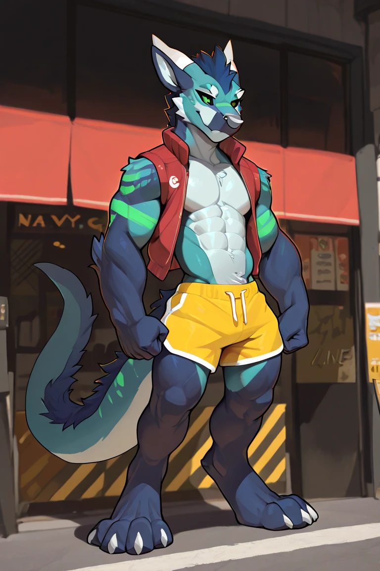 Chinese dragon boy,Gray fur,Topless, mammal, hairy,Aqua blue eyes,Blue and black gradient swimming trunks quality,black fingerless gloves,goggles,laboratory,barefoot,inventor,Dragon Horn,star tattoo