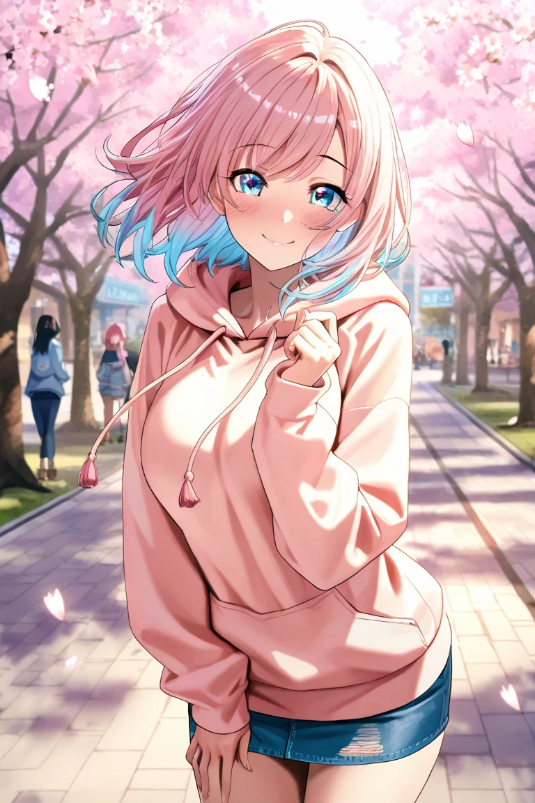 ((masterpiece,best quality)),high resolution, ultra detailed,8k,16k, detailed background, perfect lighting,detailed beautiful eyes,1girl,solo,nsfw,embarrassed,blush,look at viewer,steam,sweat,fisheye lens,((bikini,wariza,leaning forward,hands on knees)),happy smile, ,(slender,kawaii),(Kagamihara Nadeshiko (Yuru Camp), blue eyes,pink hair, long hair,small breast,short_body,highlight in eyes,thin pubic hair,flat color),forest,camp