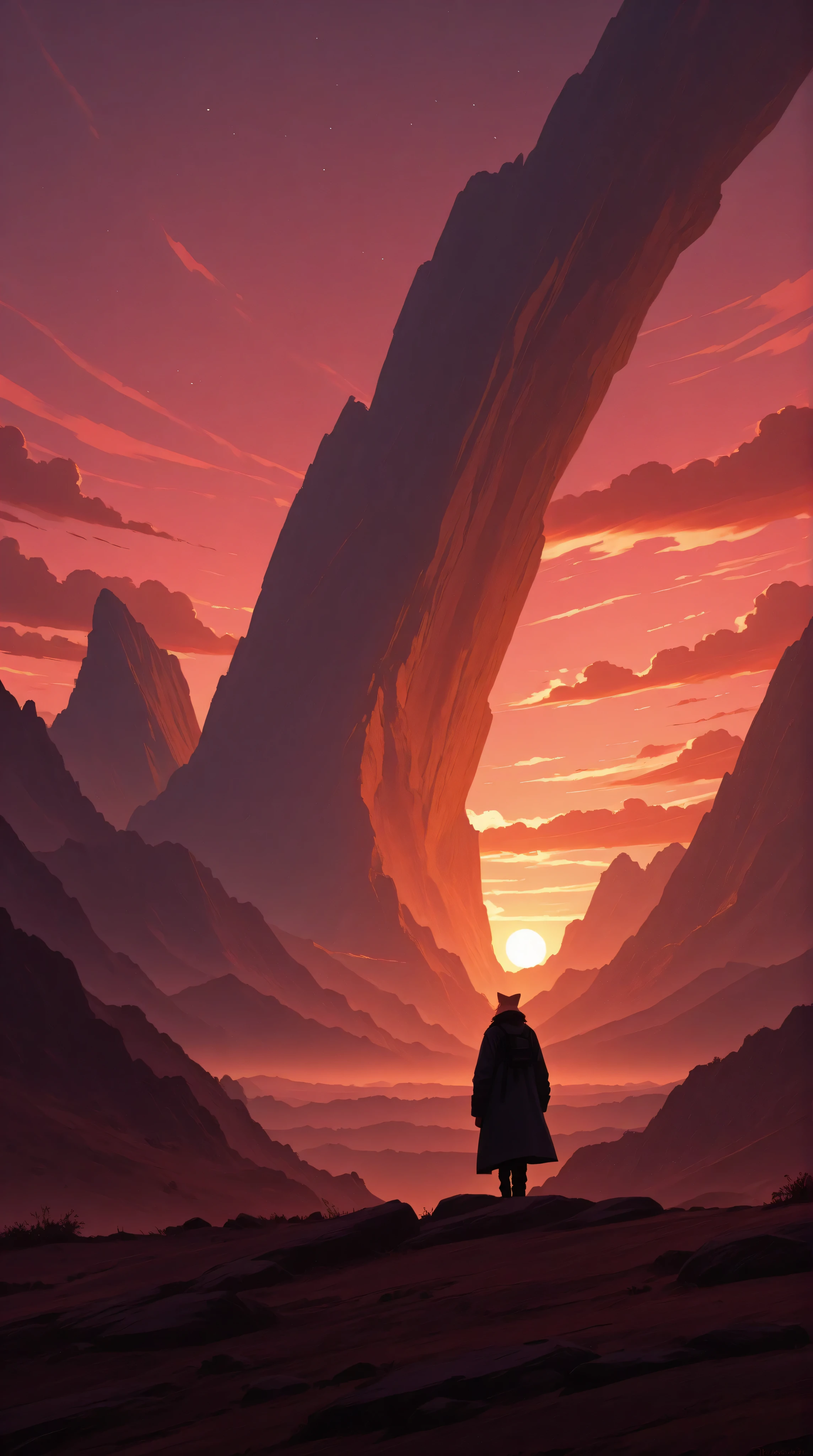 a futuristic landscape in the illustrative style of french illustrator Moebius, (purples, reds, blues),