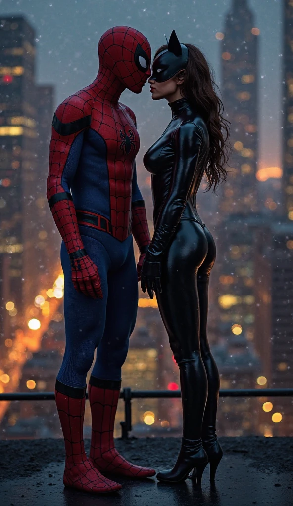 Woman body defined large breasts, costume dress of spider man, squat pose, in the roof top, city background, night without cloth