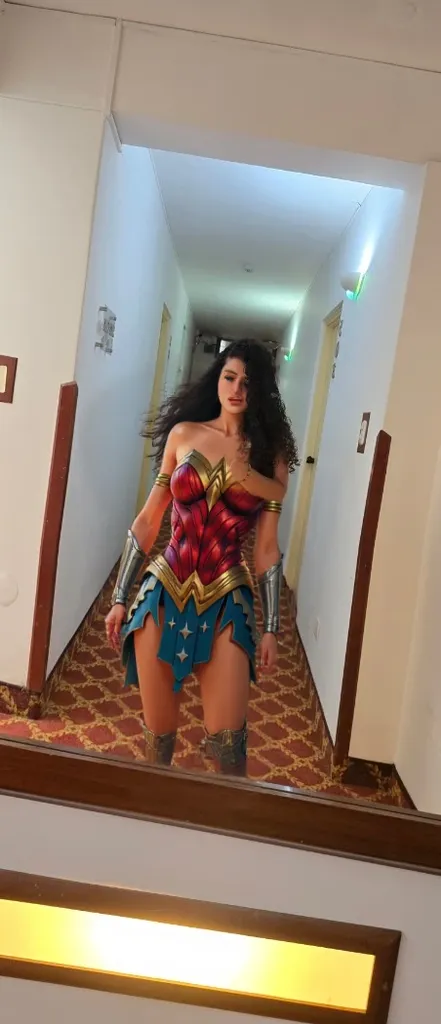 Strawberrytabbyy, a woman, brunette, dressed as wonderwoman