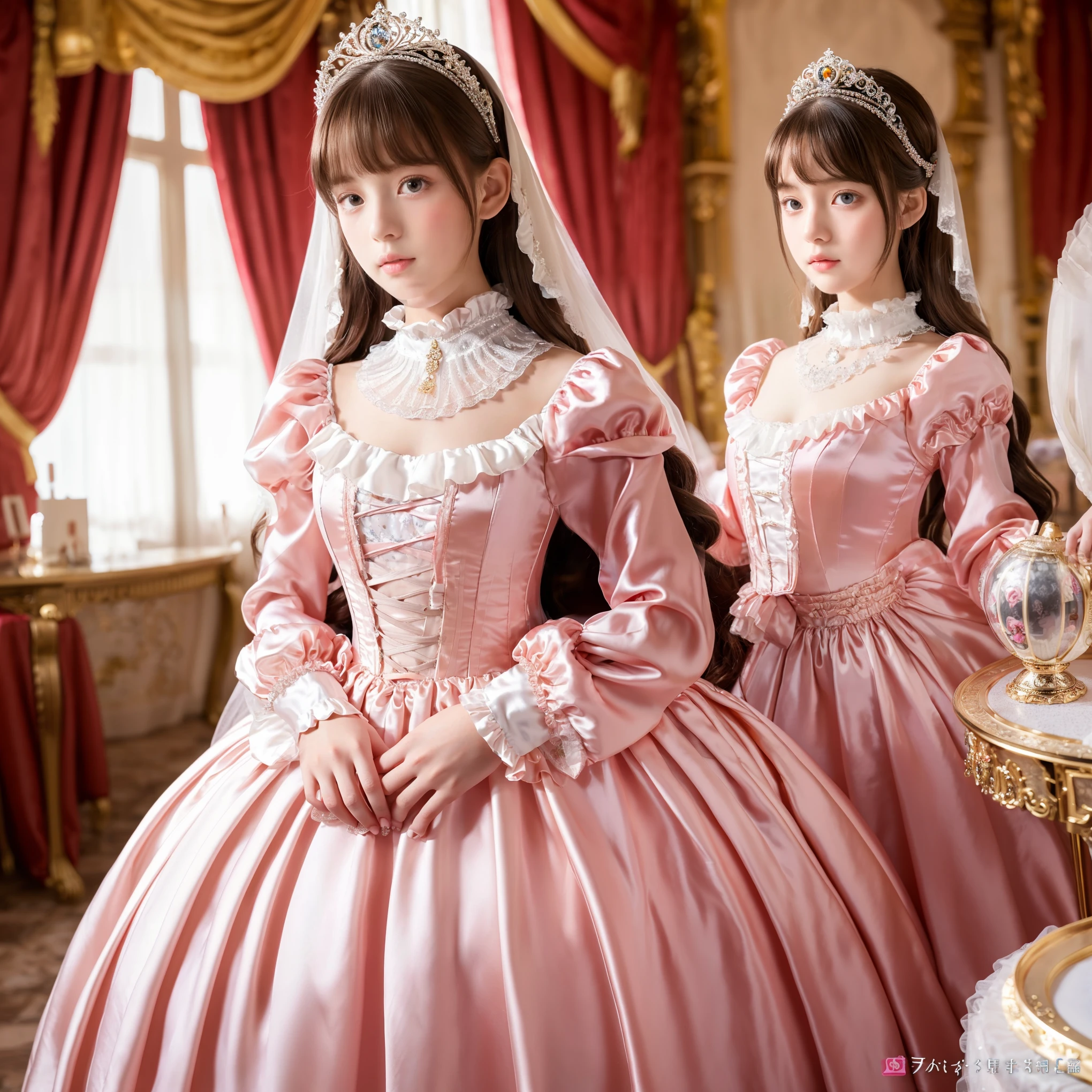 highest quality, masterpiece, highest resolution, artwork, super それにget used to it, many get used to it, get used to it, それにget used to it, 3k realistic pictures,,((10 year old little girls)),Ultra-detailed juvenile face,ultra-detailed beautiful little girls,girls are princess,full length ball gown dress with hoop skirt,ruffled yoke collar,puff sleeves,long sleeve,((Lolita style hot pink detailed princess satin dress with lots of ruffles and ribbons)),Rococo style lolita fashion,shiny satin dress,Soft and smooth fabric,detailed princess dress,luxury,long blonde hair,blue eyes,white skin european,Pajama,((in the bedroom of the palace)),luxury princess canopy king size pink bed,shiny satin sheets,ultra-detailed princess bed,High-quality background,lot of frilled pillows,on the bed,