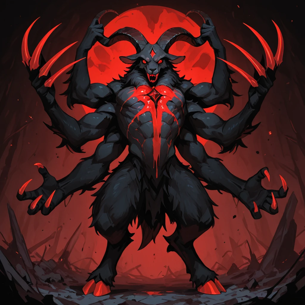 HazbinStyle, assymetric, a cartoon character, masterpiece,highly detailed,8k resolution,anthropomorphic animal,femboy,5ft 3in tall anthropomorphic and bipedal demon goat with a bright black body with a curvy feminine body but a flat chested due to being male,his eyes are red iris with black scalia,long red goat horns,sharp black claws for fingers,black fingers, and black hooves for toes, black floppy goat ears, a black goat tail,black body with a red patterns,standing on their own back legs with a full body view,a deadpanned expression on the face