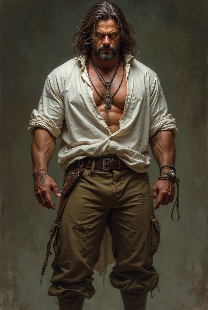1boy, Assyrian, solo, facial hair,64 yrs old, daddy, male focus, flaccid penis, pectorals, bara, muscular, mature male, muscular male, abs, beard, ring nipples, tattoo pecs, short hair, navel, stomach, large pectorals, thick eyebrows,jewelry, belt, necklace, bracelet, earrings, pirate hat/bandana/headband, open clothes/shirt/vest/coat, tattoo, boots, gloves, bare pectorals, fair-skinned male, erection, thighs, erection under clothes, pirate suit, tan skin, belt, open shirt, jacket, pirate uniform, pectoral cleavage, cowboy shot, feet out of frame, thick thighs, looking at viewer, masterpiece, 4k, high quality, highres, absurdres,