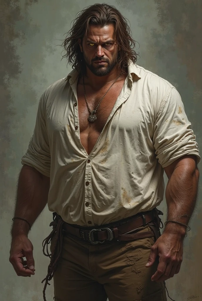 Dark fantasy, young adult man, 25 years, medium length brown hair, brown skin, bright yellow eyes, loose and dirty clothes, muscular, fierce look, loose fitting white shirt, brown pants, large build, not fat