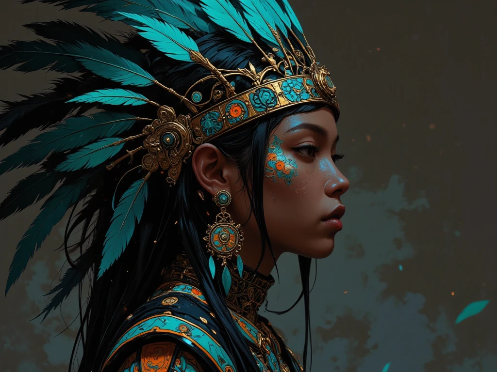 (full body), solo, detailed background, detailed face, wise, (female), (native american), (beautiful hair, braids:0.2), mystical, (gorgeous face), stunning, (eyes open, serene expression), , leather frayed clothes, prayer beads, dreamcatcher, tribal jewelry, feathers in hair, headdress:0.33, amethyst, obsidian, detailed clothing, extravagant clothing, cleavage, realistic skin texture, (floating particles, trees, nature, ritual, whirlwind, wind:1.2), sharp focus, volumetric lighting, good highlights, good shading, subsurface scattering, intricate, highly detailed, ((cinematic)), dramatic, (highest quality, award winning, masterpiece:1.5), (photorealistic:1.5), (intricate symmetrical warpaint:0.5),