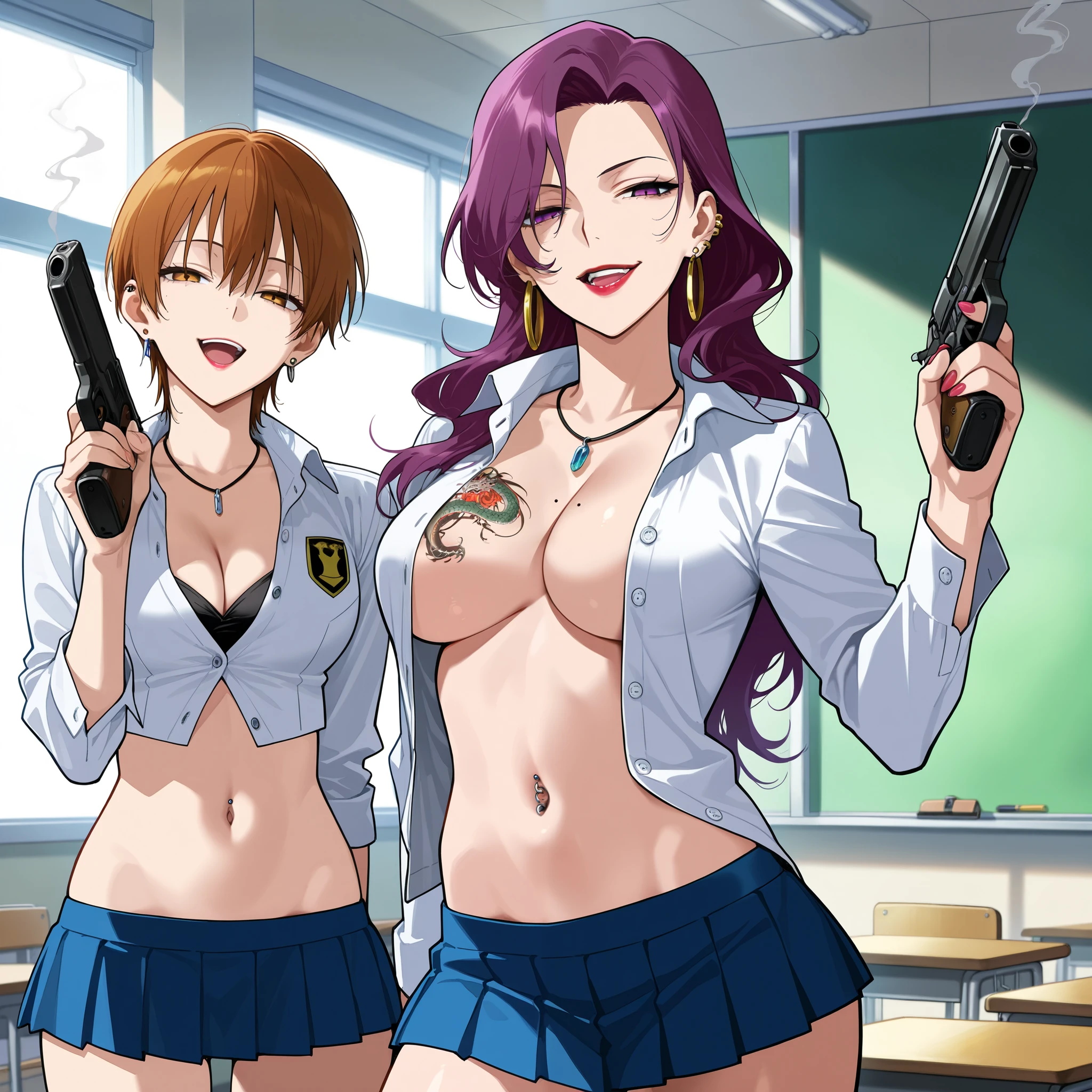 2girl, two girl, long hair, anime art, blush, lipstick, masterpiece, best quality, ((unbuttoned , cleavage, necklace, earrings, sexy body,
breasts)) , micro skirt, smiling, navel , exposed belly, exposed navel,(nsfw) not safe for work,school,knot,
classroom , holding a gun, hold a gun,navel piercing