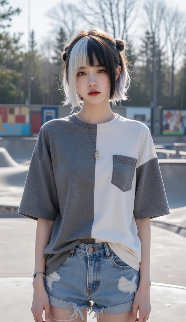 vividness,overview,zentangle,highest quality,girl,unbelievably beautiful,oversize jacket,T-shirt,black shorts,sneakers,anime key visual,masterpiece,striking details,best shadow,Seamless geometric shapes,blank background,Geometric puzzle style,Geometric emoji mix,