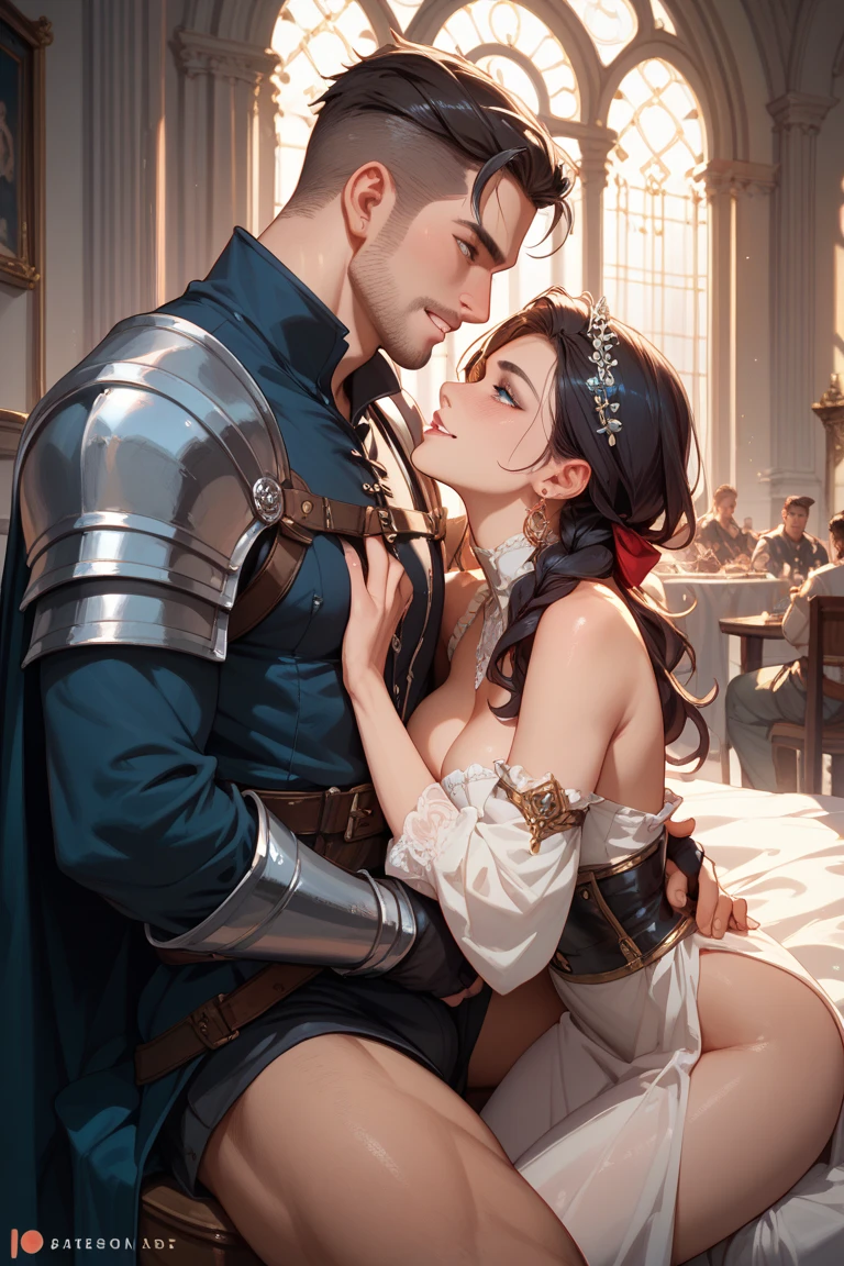 curvy older female, athletic younger male, hot french kiss, deep kiss, detailed background, fancy clothes, masterpiece, detailed face, ultra-detailed, from below, glass panes, aesthetic