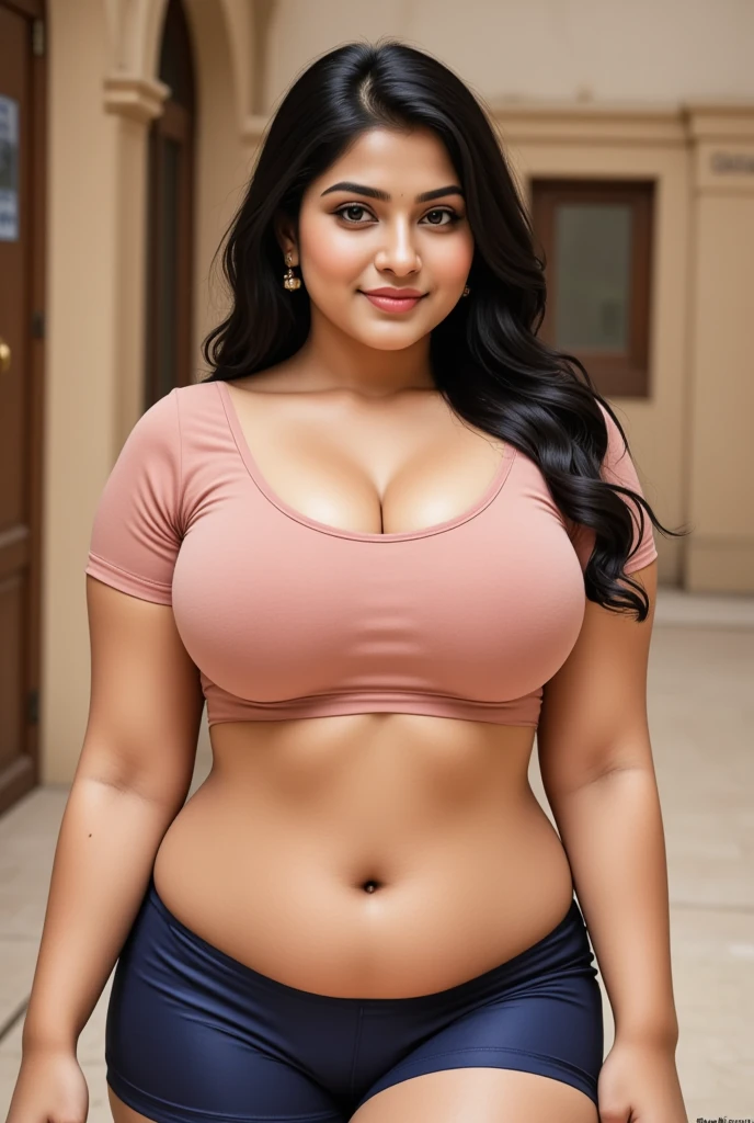 A 20-year-old woman posing for a school photo in a school masterpiece, with a photorealistic rendering that enhances the best quality and beautiful lighting effects. Her name is Eleanor, a Pakistani woman with a graceful appearance. She has a round and firm chest with big 44M size breasts, which adds uniqueness to her plus-size modeling charm. Her hair is styled in a bun, and the hair lifts the skirt up slightly, revealing her confidence and style. She is wearing a flattering croptop and skirt set that complements her curves perfectly. The overall composition of the image focuses on capturing the beauty and elegance of Eleanor, making it a stunning and captivating portrait.