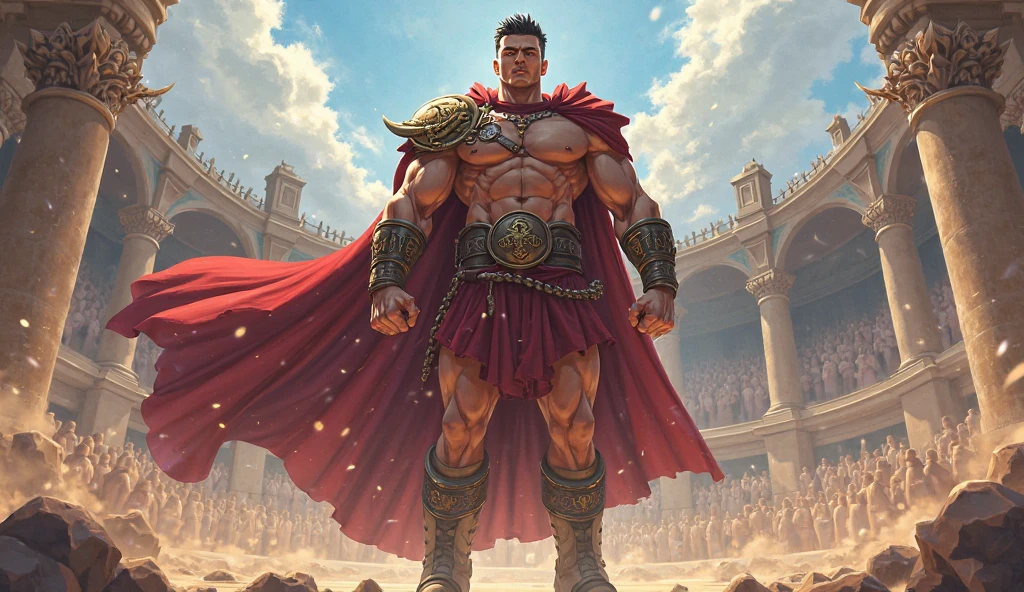 Mighty gladiator, upper torso exposed, legs unclothed from thighs to feet, flowing long curls, detailed muscular physique, lifelike depiction, 4K resolution. Background: Roman colosseum filled with cheering crowd.,32k uhd, best quality, masterpiece, super detail, high details