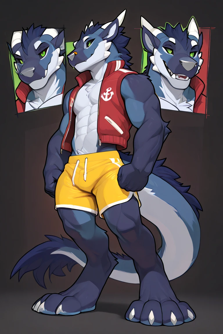 furry, anthro, wolf, fluffy pointed wolf ears, fluffy wolf tail, ((yellow and white fur)), messy fur, neck floof, fluffy mohawk, hair same colour as fur, sharp light blue eyes, razor sharp teeth, slim body, handsome, sexy, slender, tall, wearing a light blue dog collar and light blue and white boxer briefs with a giant bulge, pawpads, pink pawpads, ((best quality, 4K, UHD, masterpiece)), posing playfully,