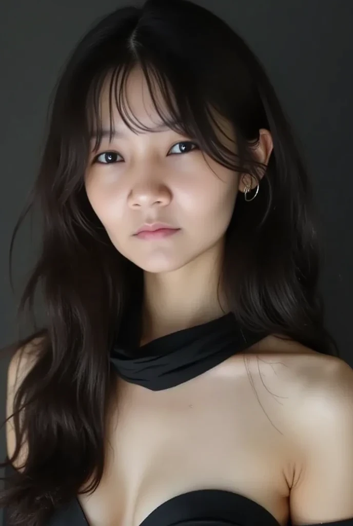 creates a 25-year-old Korean man with very thin skin, no body hair, a small nose, very small eyes that look Chinese-Japanese, long hair, exaggeratedly white skin, one of his very light blue eyes and the other very dark black, small, red lips. and the pupil of the eye small, make his eyebrows look a little worried and make his skin literally white, make his skin albino and his nose very very small