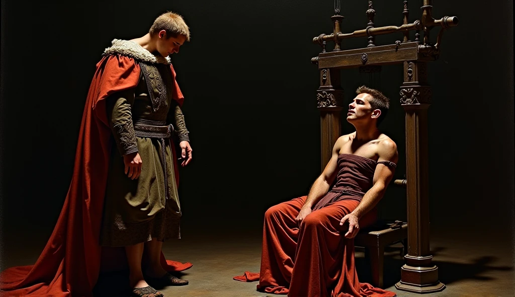 The Master’s Taunt:
Prompt: "In a dimly lit room, a cruel master in fine robes stands tall, looking down at a kneeling young man in tattered clothes. The master’s expression is harsh, while the young man remains calm, with a serene smile. Dark words like 'Nothing' and 'Slave' briefly hover above the young man, then fade away, symbolizing his resilience." Higher realistic 
It is related to the previous generated image 