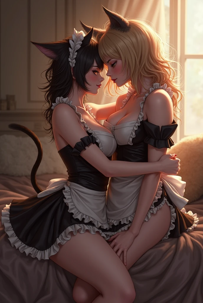 2 girls , full body picture, (girl standing sideways), big round butt, blond hair, blond catgirl ears, catgirls, green eyes, maid, maid uniform, feather duster, godess, mistress, posing, beautiful, detailed skin, hour glass figure, revealing clothing, jewelry, collar, stockings, lace, halterneck, (transparent clothing), detailed hands, perfect quality, good quality, masterpiece, HDD, UHD, ((light smile:1.1)),lustful gaze, smiling, sweaty, steamy atmosphere, mansion, well decorated household,