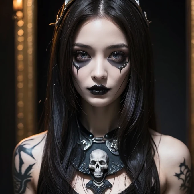 <lora:WarPaint:0.5> beautiful woman, warpaint, face paint, medium breasts, ((chains)) feathers