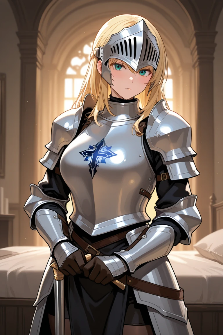 ({{masterpiece、Highest quality、Super detailed}})) 1 female、Blonde、Semi-long bob、armor、hair band、breastplate、肩armor、bangs、(armorブーツ、armorブーツ、White trousers、Hair above one eye、blue eyes、gloves、solo,(8K、Highest quality、masterpiece:1.2)、(Strong eyes) 、 Hair Detail, Delicate facial depiction,Wide-open eyes、Beautiful Eyes、double eyelid、Double eyelids、Beautiful nose、Headset on one ear、laughing、smile、(Full Body Shot:1.2)、