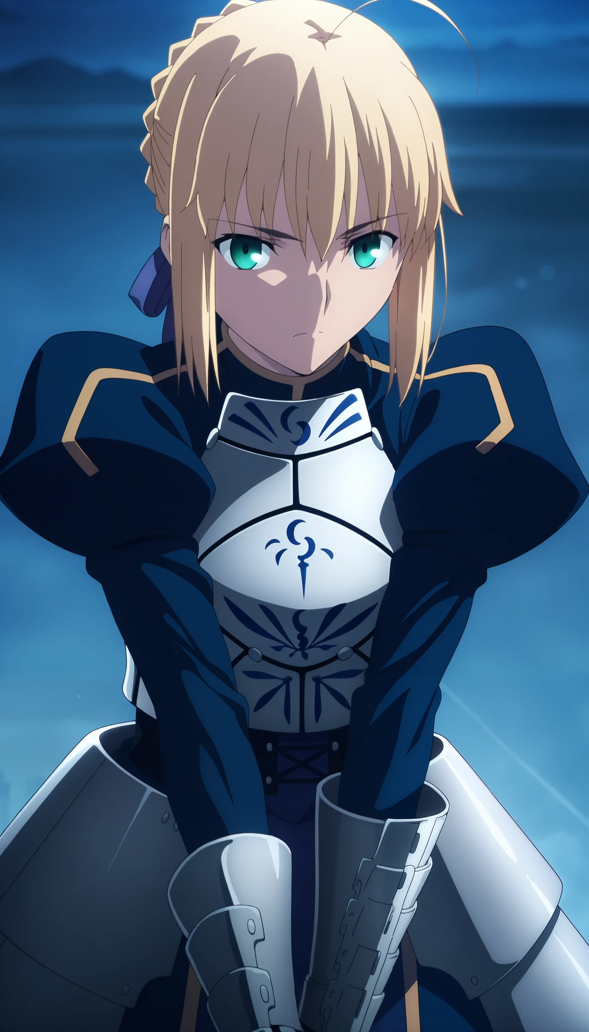 masterpiece, , absurdres, highres, detailed background, high resolution, masterpiece, necessary, detail, best quality, quality, necessary, details, High details, Precise,, steam, fog, load, city, dark, outdoors, lens flare, blurry background, night , from above, girl, ufotable style, anime style, anime screenshot, by ufotable, fate \(series\), heaven's feel, ((half eyes closed)), serious look, upper body, close view,(dutch angle), looking at viewer, cleavage
girl, mature, tall female,1girl, artoria pendragon (fate), saber (fate), blonde hair, green eyes, hair ribbon, blue ribbon, french braid, braided bun, single hair bun, short hair, sidelocks, turtleneck, blue dress, breastplate, armored dress, long sleeves, juliet sleeves, gauntlets, faulds, thigh, long dress, medium breast, (anime coloring:1.2), (anime screencap:1.2), (pose:1.2),