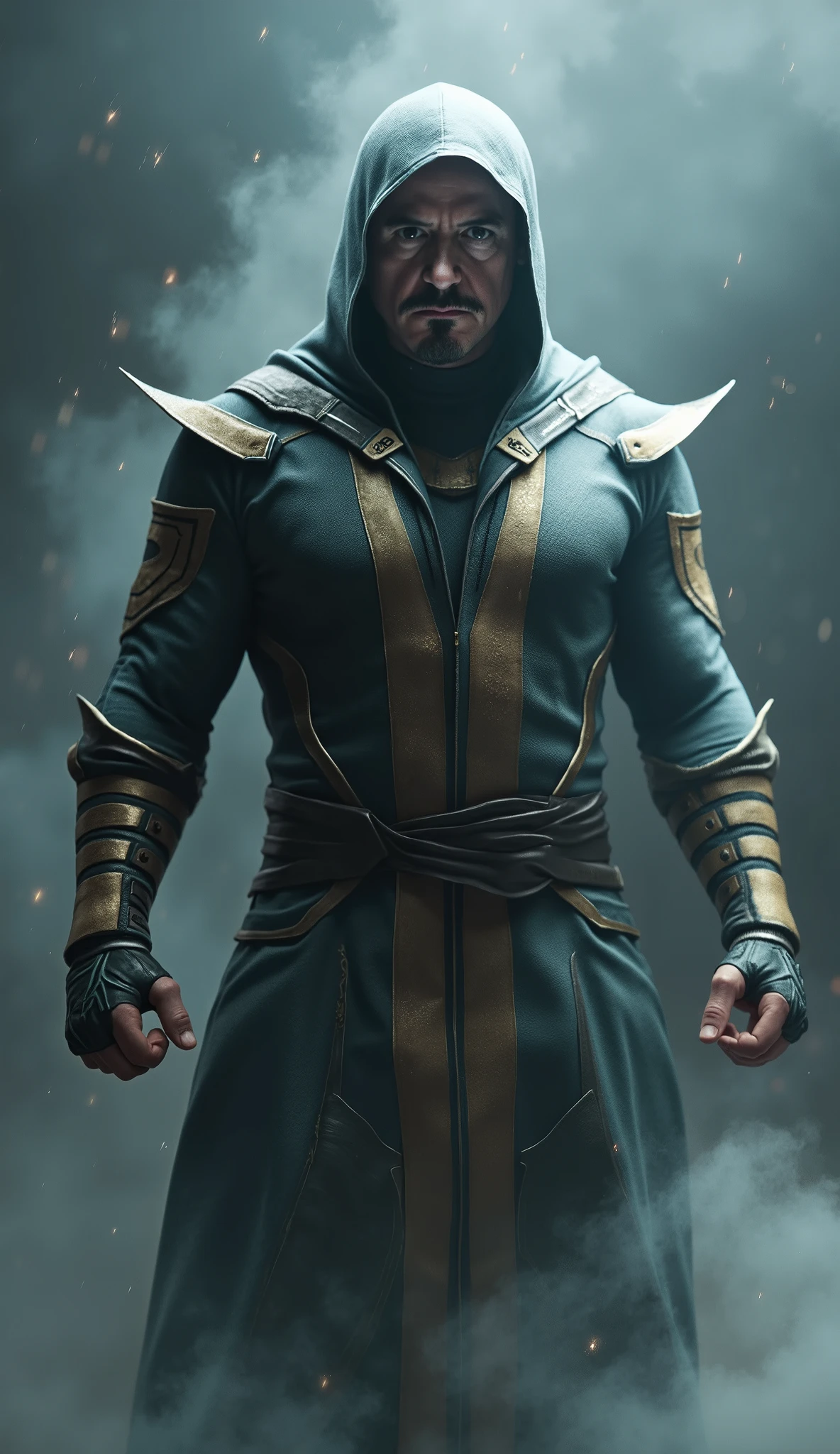 robert downey jr. like Smoke brings an elegant and complex reinterpretation of the character of * mortal kombat*. Wearing a dark gray ninja outfit, almost metallic, he exudes a mysterious and unpredictable presence, with his smoke and shadow inspired look. Your mask, matching the ethereal tone of his skill,  Partially hiding your face ,  leaving only her penetrating eyes to show , transmitting his cunning and intelligence. A figura de Downey Jr. Since Smoke is unique, bringing a lightness of movement and an unmistakable style. He is not only a master of shadows, but a strategist Calculalist who uses his smoke-manipulation powers to disorient and deceive his opponents. Each movement seems to be done with calculated precision, where his ability to disappear and reappear is as agile as a dance, making him almost intangible on the battlefield. With a shrewd expression and an uncomplicated posture, robert downey jr. like Smoke brings a cynical charm to the character. Its ability to hide in the shadows, surprising with quick attacks and makes his presence disappear like a fog unmistakable, creating a mysterious and calculating warrior.

