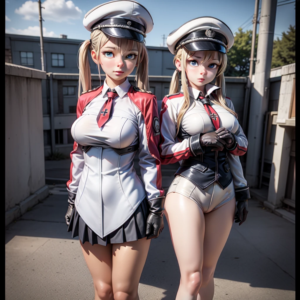 8K quality, Masterpiece, Bright lighting without shadows, (Two busty women standing side by side), (Super big breasts compressed by clothes:1.3), Whitening skin, Sparkling Blue Eyes, Sailor collar mini dress, Above the knee, Skirtliftv1, Protruding and accentuated booty, A frontal shot that emphasizes her huge breasts, (White panties), grabbing own ass