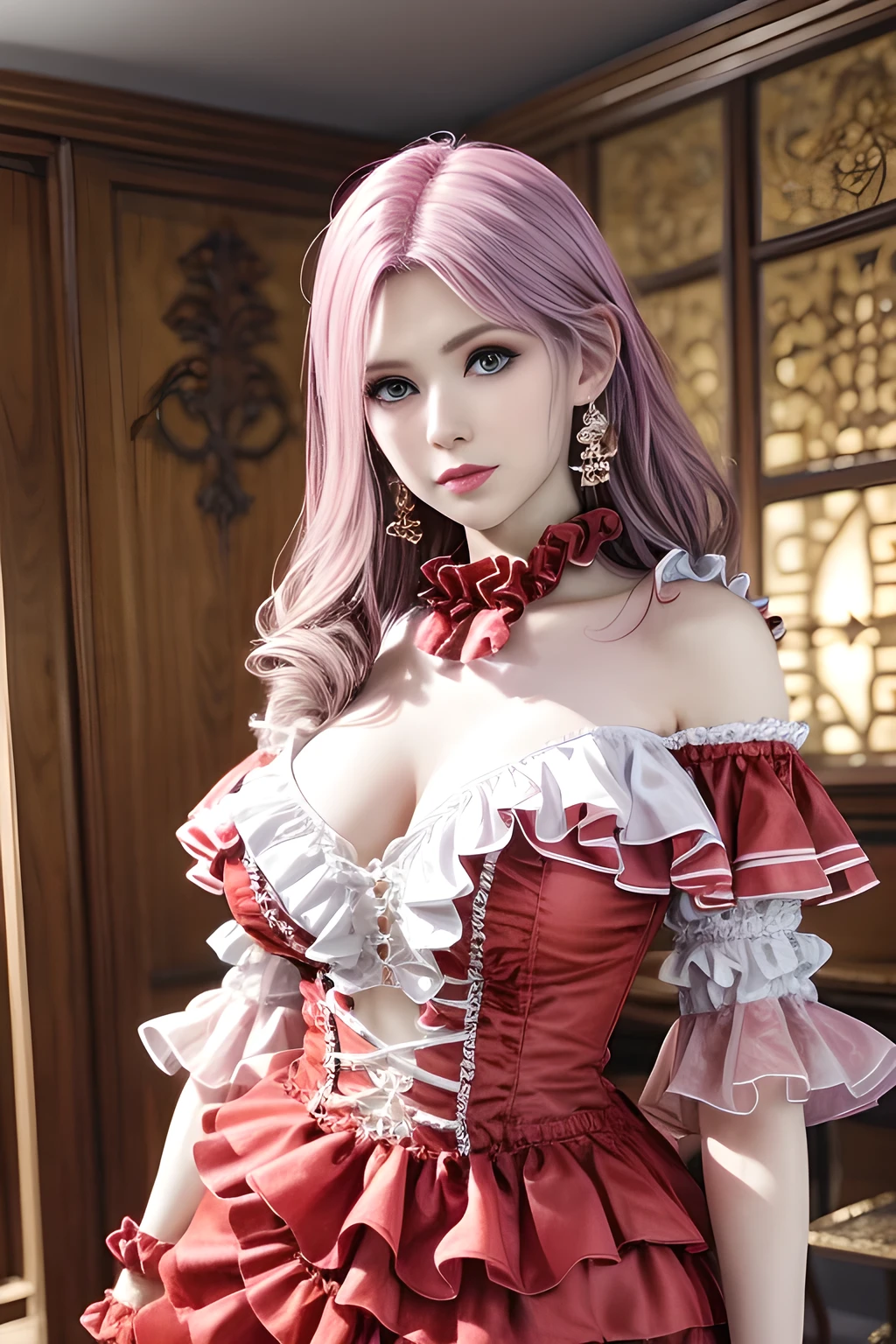 1 girl,Alice,(fluffy:1.7), (fitting fluffy feather lacedress:1.4),(permanent, model pose:1.2),jewelry,grace,(((red lips))), Lips slightly open, lustful smile, clavicle,(huge breasts),Charming cleavage,((8k, original photo, top quality, masterpiece), HD RAW color photos professional close-up photos, (actual, photorealism: 1.37), (best quality), (best shade), ((erotic, Sexy, ultra high resolution, HD CG unified 8K wallpaper, Physically based rendering, movie lighting),alone,