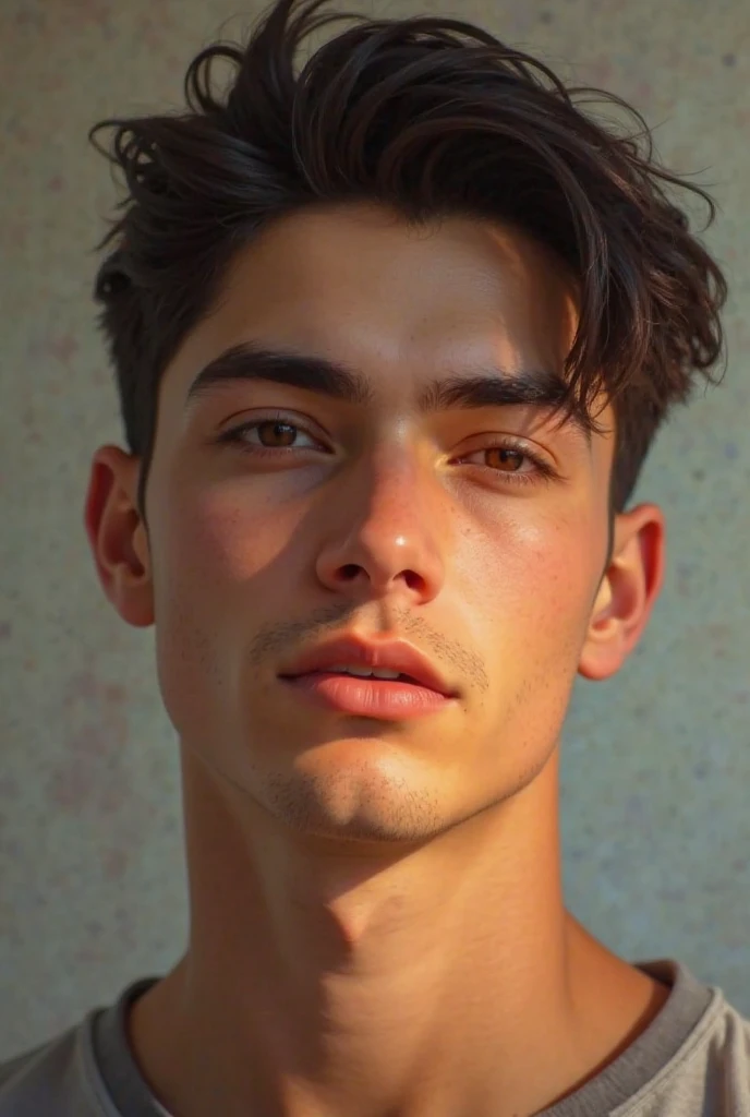 A young white man with ((rectangular face)), brazileiro, Appearing to be around 25 years old. he has black hair, short and a little messy in the front, with some strands falling on the forehead. Your skin shows signs of dermatological irritation, with visible redness in the forehead area, mainly between the eyebrows and nose, as well as red spots on the cheeks and jaw. His face is comely, with well-defined facial features. He has large, dark shaped eyes, fine tune, contoured eyebrows and straight nose. Your lips are medium in size, and he has stubble, indicating that he has not shaved recently. bonitas,comely, epic photo