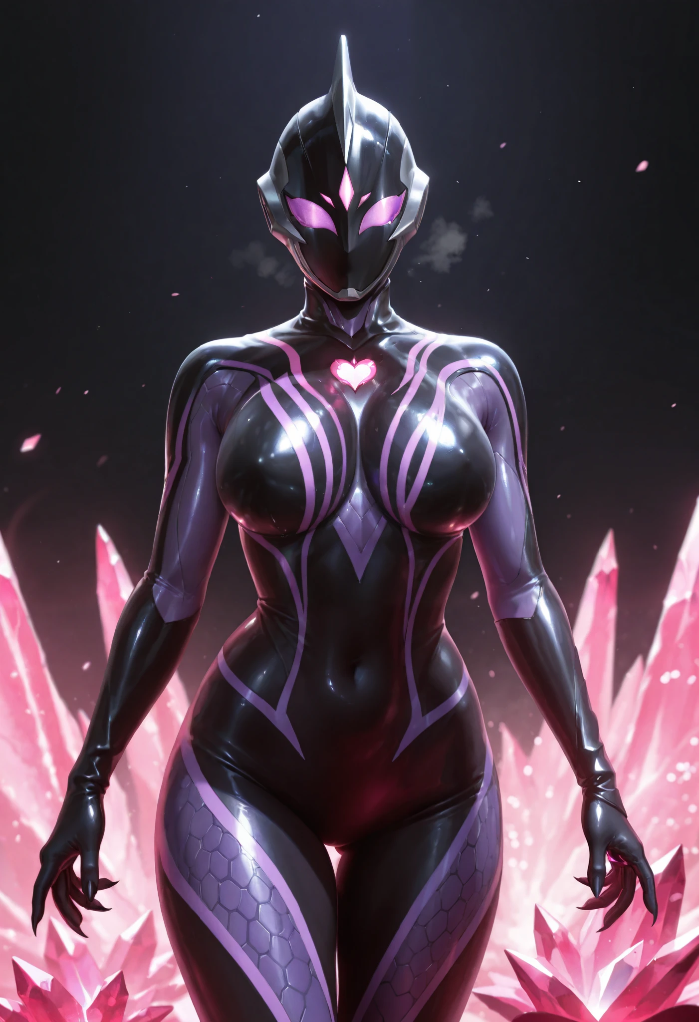 Ultraman Style Girl. Covered in black and purple skin. Black metallic full mask. Villain eyeshadow. Pink lines. Glowing crystals on chest. Sharp claws. Firm breasts. Curved waist. Thighs. Inorganic face. Armor-like skin. Honeycomb-patterned skin. Humanoid insect. Mechanical tentacle. With tentacle. A glowing pink heart tattoo. Biological light-emitting organ.