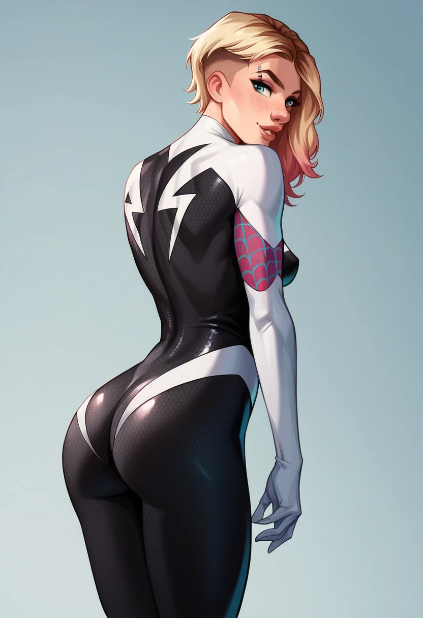 (masterpiece, top quality, best quality, official art, beautiful and aesthetic:1.2),highly detailed face,1girl,gwen_stacy, (portrait:1.3),spider-gwen suit , bodysuit ,thick wiast,big ass, superhero,(extremely detailed,highres, highest detailed,8k,absurdres,CG),happy,full body pose,cowboy shot,grab breast,smirk,cute smile