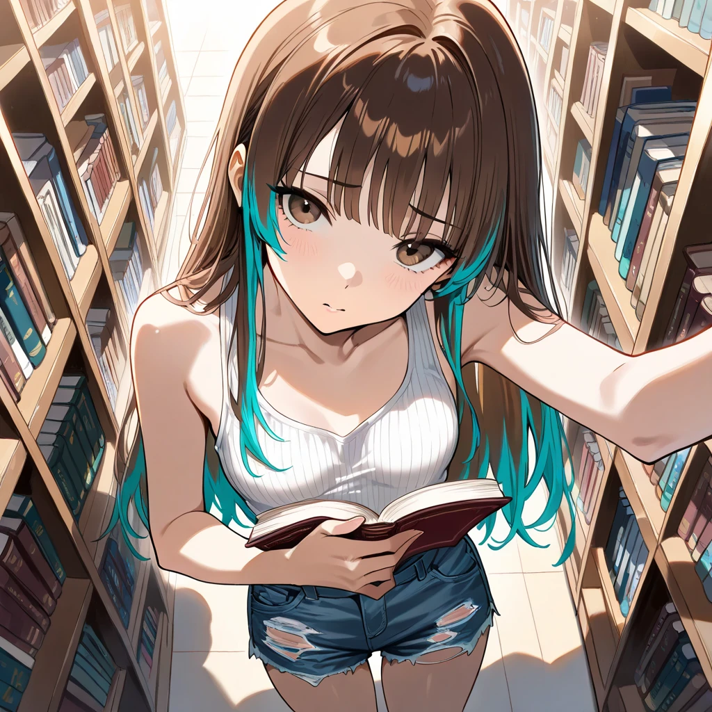  (masterpiece, Highest quality), complicated details, ＪＫ,, from above, close-up, irritated expression, Reaching for a book, brown eyes, turquoise highlights on very long brown hair,Ribbed tank top, White Tank Top,  Ripped jeans shorts , ((Long, flowing bangs)),  Library, Bookshelf,  Shadow, head tilt, small breasts, long bangs,