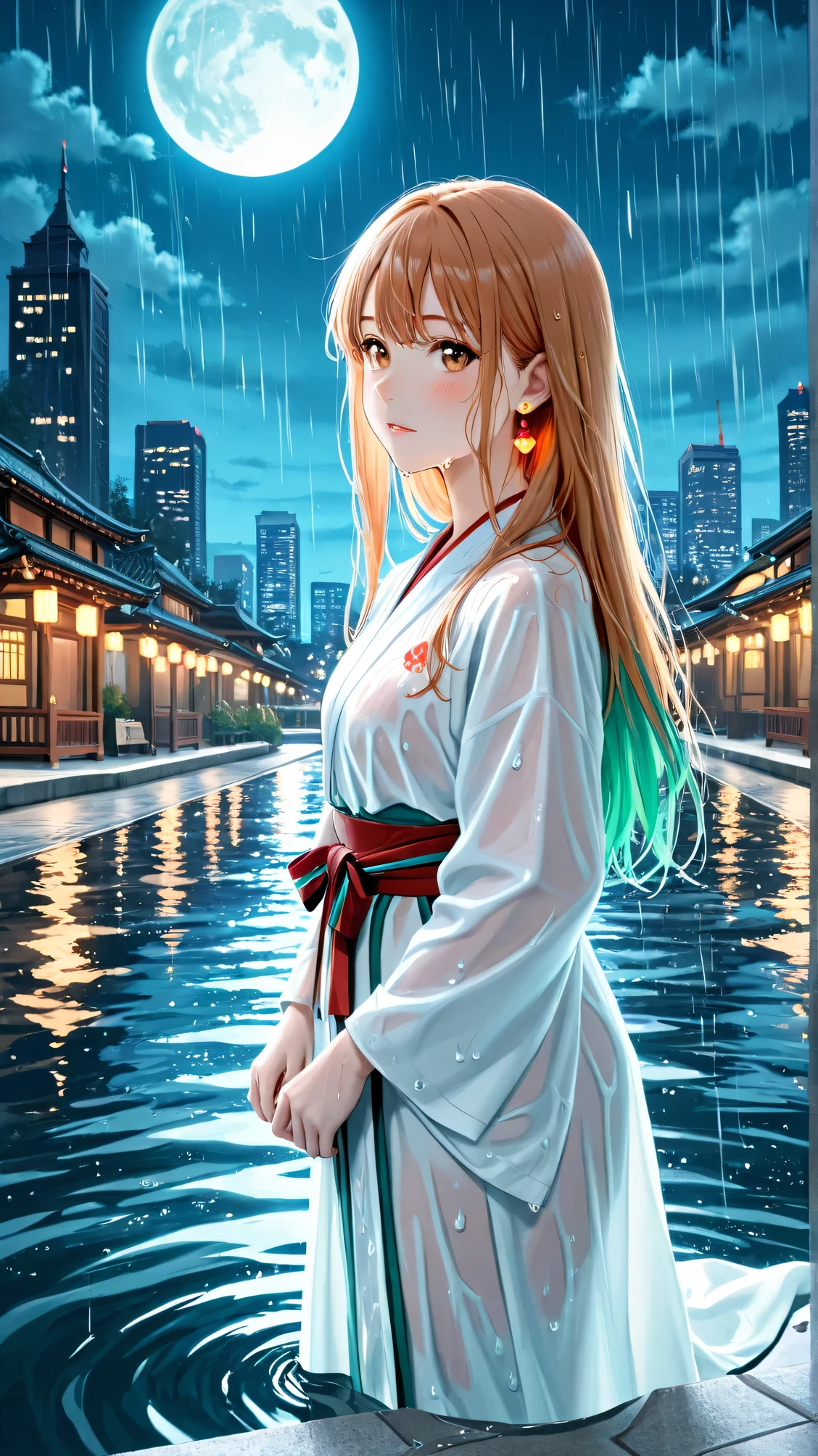 Masterpiece, Best Quality, Top Quality, Very Detailed, 1 girl, A delicate young woman with a light complexion and soft features, depicted in a three-quarter view. She has long hair with white and teal-green streaks, wears a wet, semi-transparent white kimono with red accents, and large light-orange earrings. Her expressive light brown eyes convey serenity. She stands near a deep teal body of water, with a dark-blue cityscape and a glowing full moon in the background. Stylized rain droplets add to the tranquil, anime-inspired atmosphere, with soft moonlight casting gentle highlights on her face.