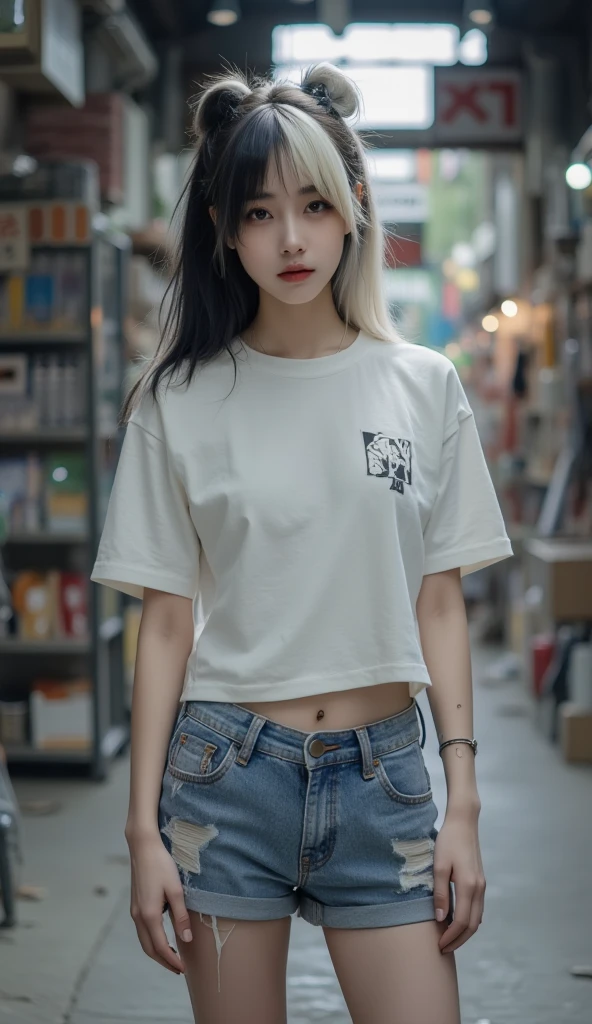 (8K:1.27), Best quality, Masterpiece, hyper high resolution:1.2), arrested lesbian goth delinquent girl with arm tattoos, tattooed girl, fullbody pic, Beige oversized knotted prisoner T-shirt,Black letters, short big sleeves, beige inmate prison uniform, beige short inmate pants, dyed green hair, dyed blonde hair, short bob hairstyle, High ponytail, Hair bangs, kneeling in a prison cell, Handcuffed, hands tied with rope behind body, submissive neck choker, dog collar and leash in neck, 4k or 8k picture, looking down sad, paisley bandana ribbon hairband, nose septum piercing, wearing dirty old clothes, smelly, Barefoot