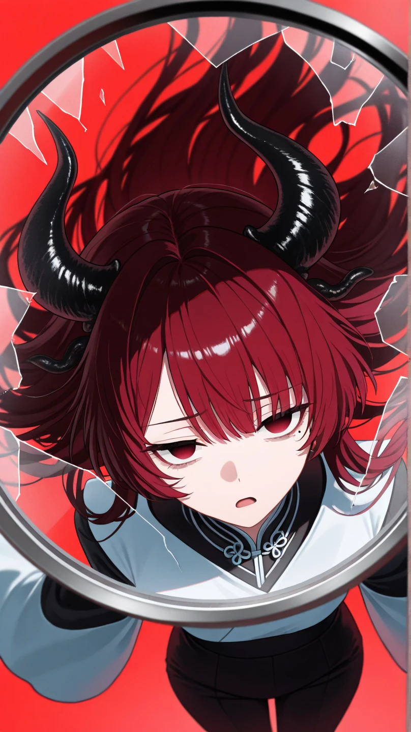 1 girl, long hair, long hairมาก, ผมสีดำ, Open mouth,  dark red eyes , Repressed / Worried, Dark circles under the eyes, Demonic Pupil, disappointed, , empty eyes, emotionless face,  Guilty , Mole under the eye,blunt solid face color ,  puffy ,  arrogantly, Animal ears, Animal horns, camera angle from the top, looking up, feet out of frame, เบื้องหน้าBlurred, Fisheye lens, Blurred, Light fair,  Small Pattern Picture ,  Reflection
, Wind wave,I&#39;m floating,reaches out to the audience,Broken glass,black and red background,Masterpiece, 