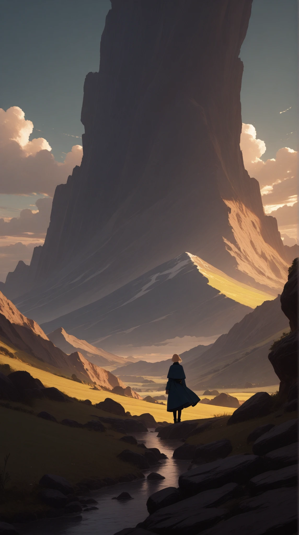 A poet travels on a long ancient road, facing the setting sun, lonely and desolate