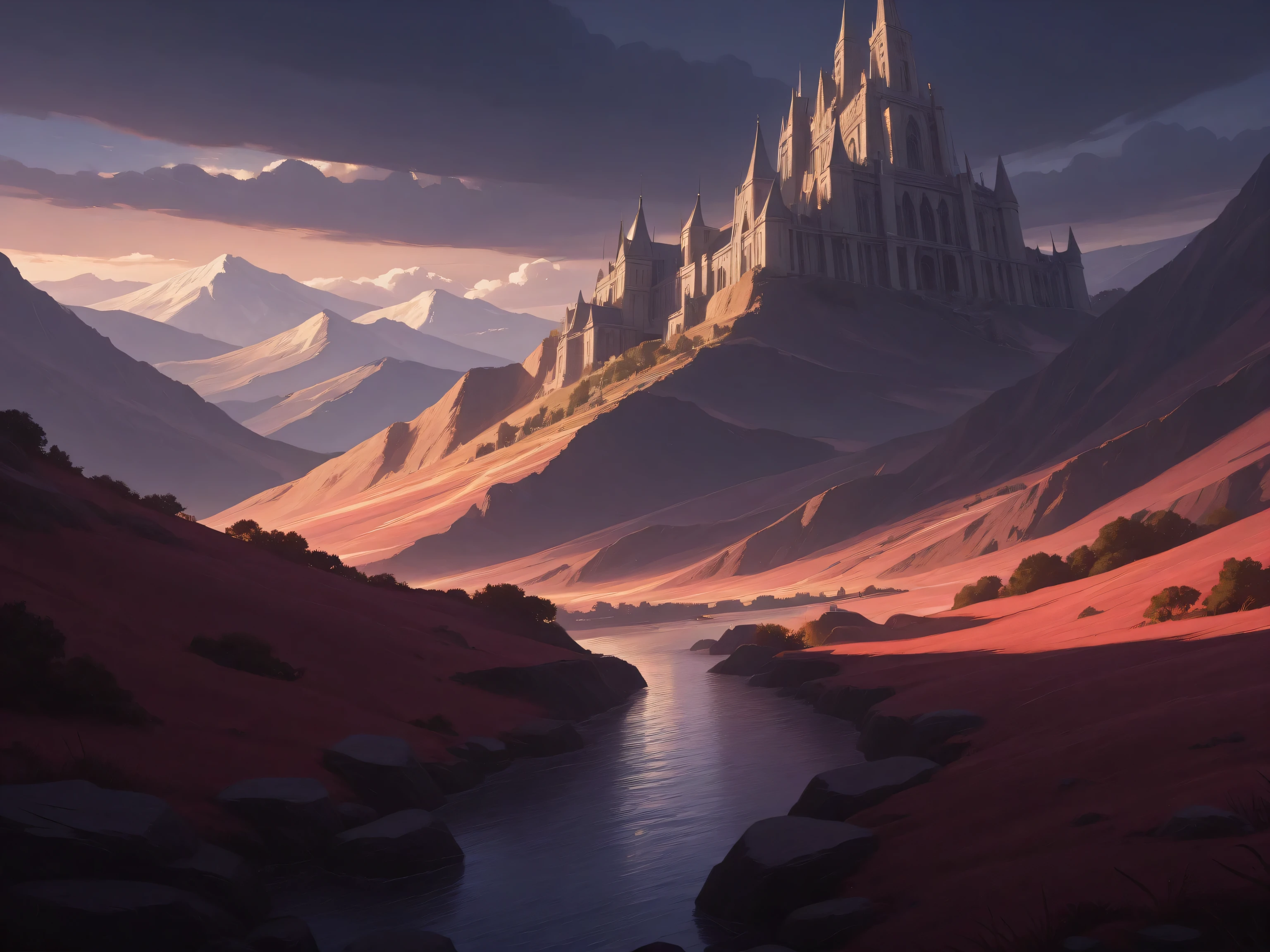 a futuristic landscape in the illustrative style of french illustrator Moebius, (purples, reds, blues), brutalist architecture,