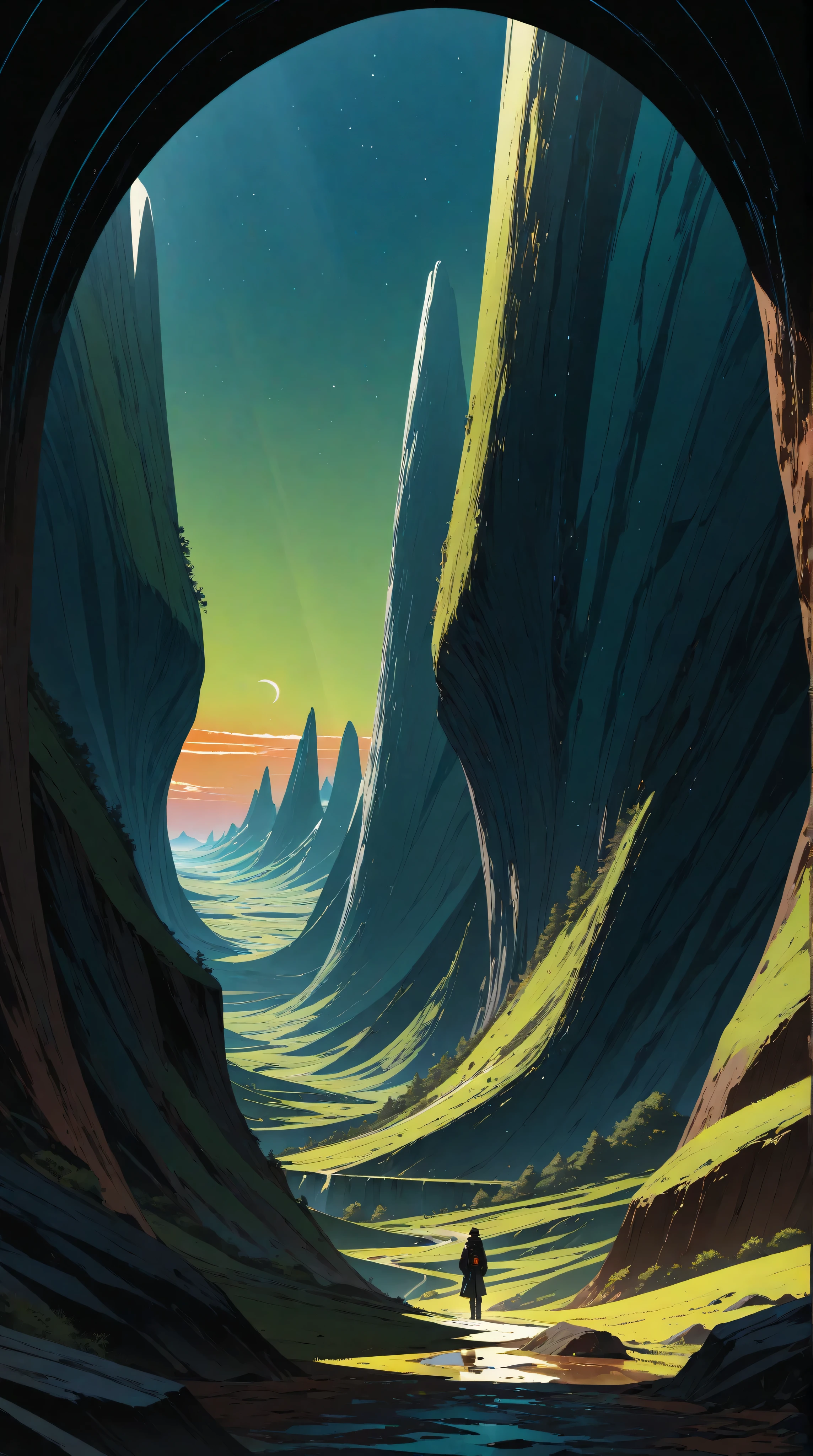 a futuristic landscape in the illustrative style of french illustrator Moebius