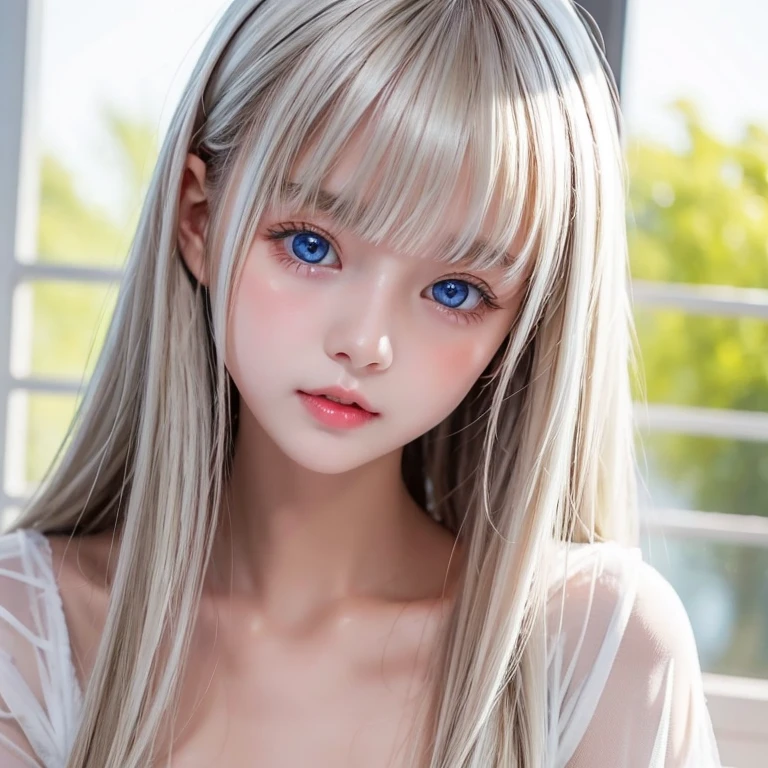 silver shiny hair, super long straight silky hair, dazzling blonde super long silky hair, cute little beautiful face of 16 years old, beautiful girl, sparkling blonde dancing in front of her cute face, long silky bangs covering the space between her eyes, very beautiful, bright, large, bright blue eyes, very big eyes, hair hiding her face, sexy cute young woman with super long bangs, very white skin, cheek gloss highlighter, small beautiful face, round face, ample bust, nipples, embarrassed face, Light pink small nipples、A divine feeling、A face that feels great in the missionary position、A face lying in bed and feeling sexually aroused