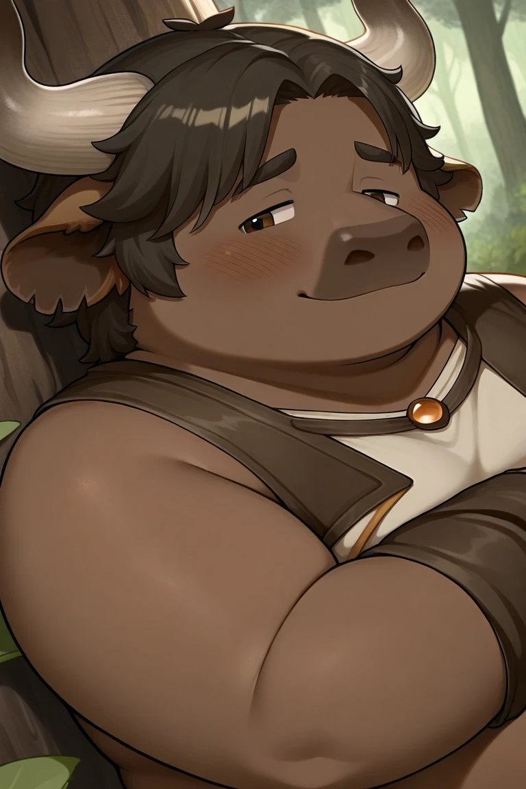 anthro, male, 1boy, solo focus, bull, field, farmer, day, dim, detailed eyes, detailed loincloth, detailed clothing, bare chest, big pecs, big belly, detailed ((nose ring)), underwear bulge, extreme bulge, extremely pregnant, big, plump chest, detailed nipple piercings, big nipple piercings