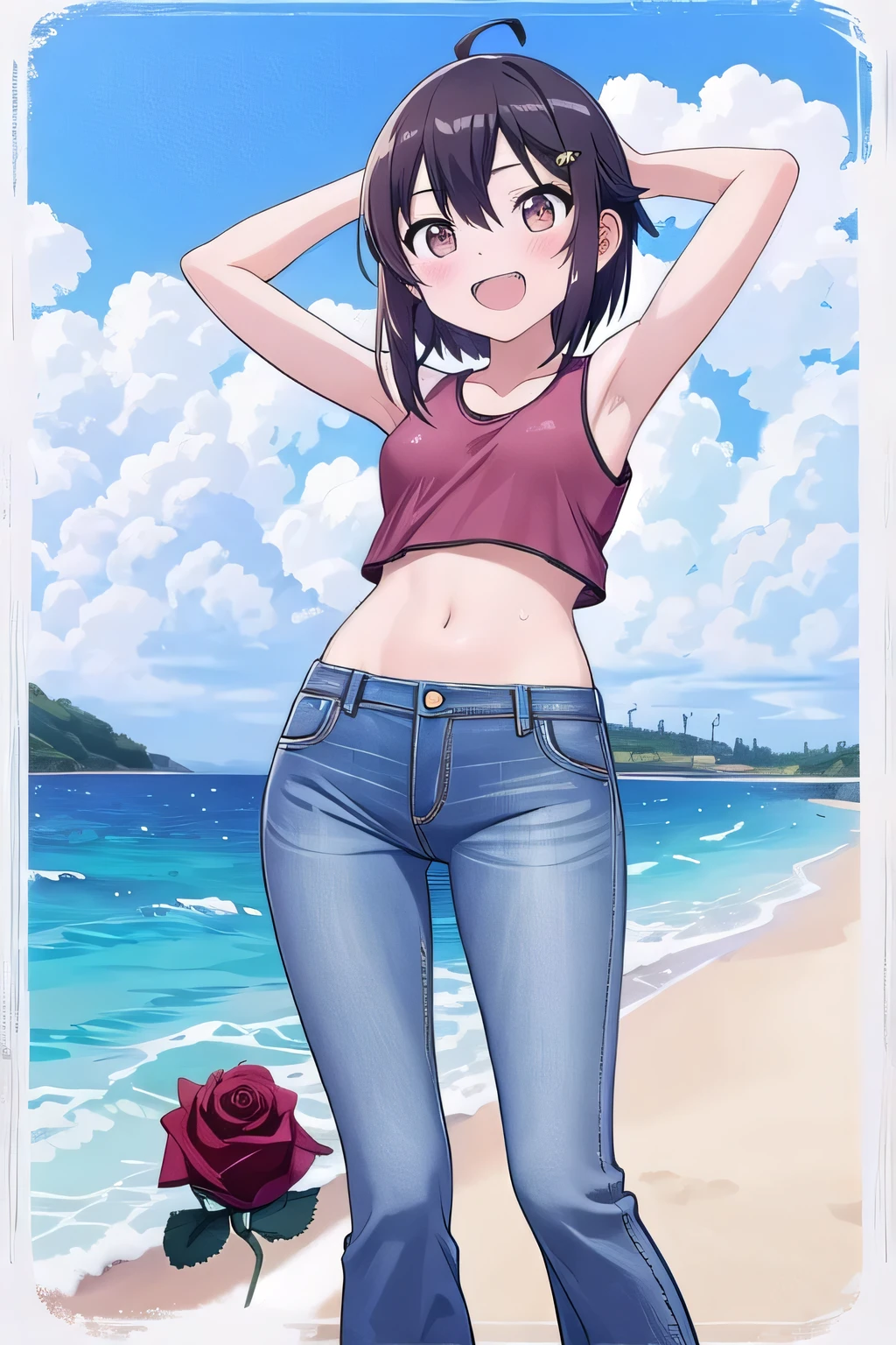 (8K、Highest quality、Highest quality、masterpiece)、Detailed face、One Girl、(Brown Skin:1.2)、Long Hair、Red Eyes、Serious、(Red Tank Top、Denim hot shorts、Open Shorts、Unziped shorts、Mini jeans Shorts、No Panties、NoPanties、Spread pussy、heart cutout)、labia view、Beach、cloud、vagina、Pussy Lip、Wedgie between Pussy Lips、Big Breasts