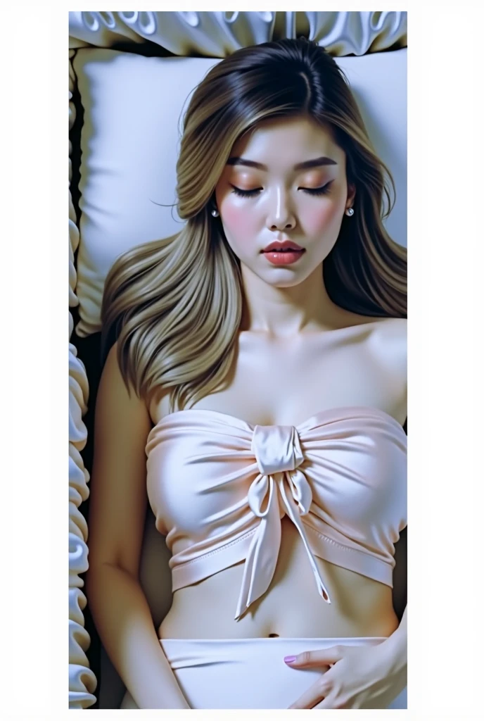 (8k、RAWE Photo、Highest quality、masterpiece:1.2)、(Genuine、photoGenuineistic:1.37)、Japanese、18-year-old、woman、On the bed、Natural light、Photon Mapping、、Long Hair、Blonde、Brown Hair、,Sharp Face、Detailed face、Detailed Repin Particle Skins、double eyelid、(((Big Breasts:1.3)))、((Gold Micro Bikini))、(Camel Toe)、Perfect body、(Wet body)、Glowing Skin、smile、Age 35、(((Sleep on your back:1.3)))、Raise your arms above your head