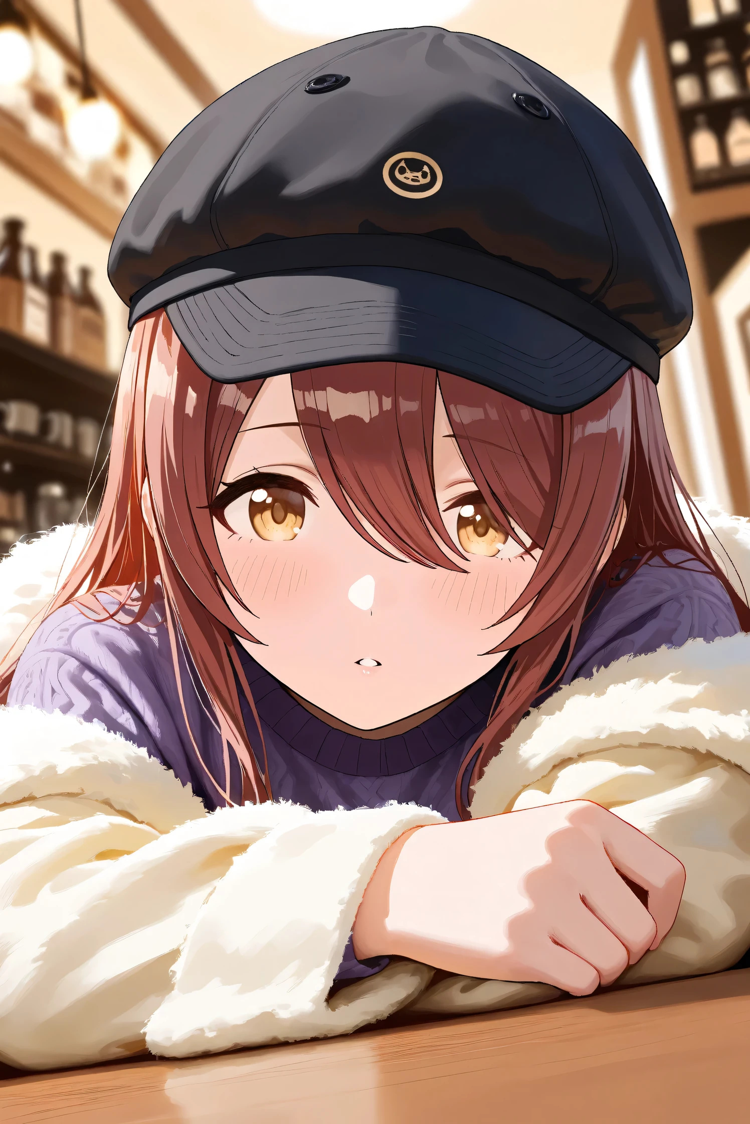 (Masterpiece), (Highest quality), (Very detailed),
(The best shape), (Best Shadow), (Absurd),
(Detailed background), (So beautiful), Shiny ,
Extraordinary, Countershading, 8k, 32K, High resolution, Beautiful eyes in every detail,
Very Detailed CG, UHD,
Score_9, Score_8_up, Score_7_up, Source_anime,
(Pastel painting:1.2), (Watercolor painting:1.2),
(Masterpiece, Detailed:1.2), (Foreshortening:1.2),
Cinematic, Dramatic, (Depth of field:1.4),
(Blurry background:1.4), (Realistic background:1.4),
(Foreshortening:1.3),Dynamic angle, 1 girl,
Indoor, Coffee shop, Antique coffee shop,
Cinematic Light,
Osaki tenka,
The idolmaster shiny colors,
tenkaosaki,
Red hair, Brown hair, Yellow eyes,
(Casual wear:1.3),
Work cap, Black cap,
Fur coat, Khaki coat,
Sweater, Purple sweater,
Focus on face, (Close up shot:1.2),
(Blush:1.3), Parted lips, Looking at viewer,
Sitting, Lying face down, Crossed arms,
Realistic skin, Shiny skin,