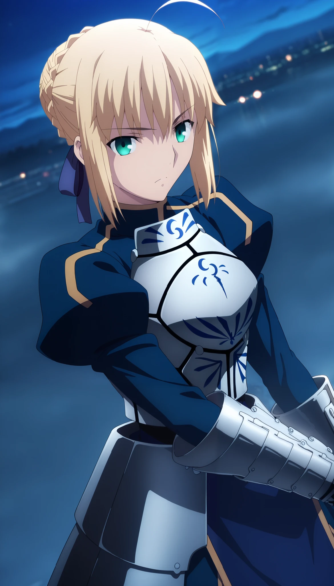 masterpiece, , absurdres, highres, detailed background, high resolution, masterpiece, necessary, detail, best quality, quality, necessary, details, High details, Precise,, steam, fog, load, city, dark, outdoors, lens flare, blurry background, night , from above, girl, ufotable style, anime style, anime screenshot, by ufotable, fate \(series\), heaven's feel, ((half eyes closed)), serious look, upper body, close view,(dutch angle), looking at viewer, small cleavage,
girl, mature, tall female,1girl, artoria pendragon (fate), saber (fate), blonde hair, green eyes, hair ribbon, blue ribbon, french braid, braided bun, single hair bun, short hair, sidelocks, turtleneck, blue dress, armored dress, long sleeves, juliet sleeves, gauntlets, faulds, thigh, long dress, medium breast, (anime coloring:1.2), (anime screencap:1.2), (pose:1.2),