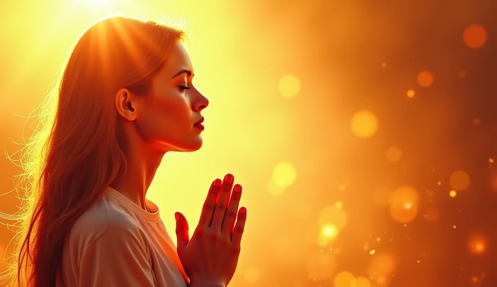 "A serene and spiritual image of a young woman praying with closed eyes ...