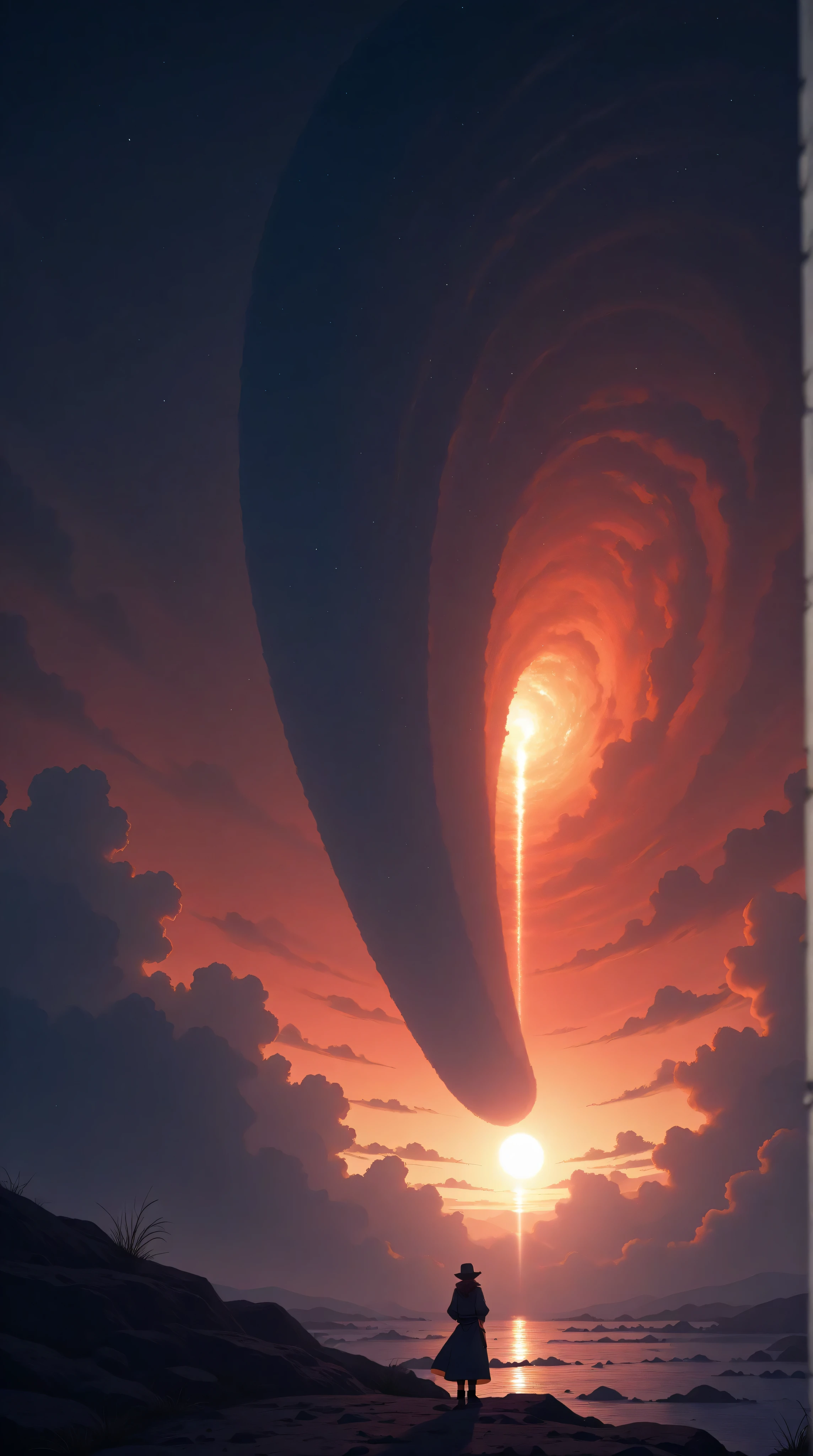 a futuristic landscape in the illustrative style of french illustrator Moebius, (purples, reds, blues),