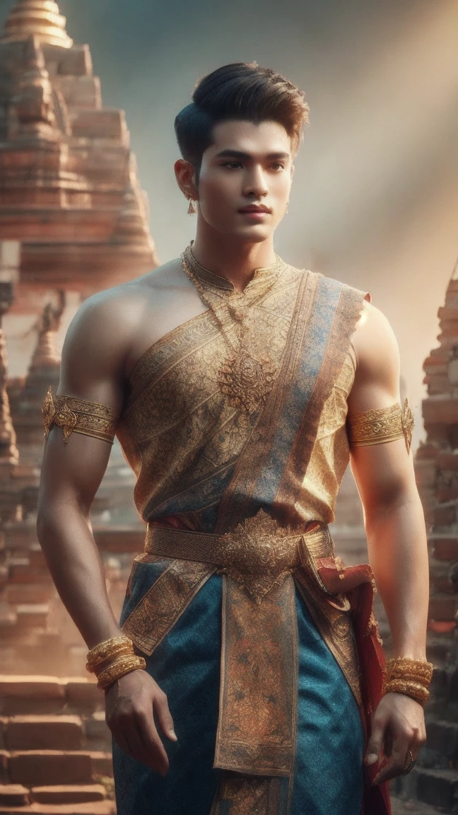 Korean boy, wearing ancient Thai style and narrow loincloth 1:3, shirtless, thin skinny body, white skin body, ancient Korean crown, jewelry necklace, ancient Thai Ayutthaya market, multiple people walking in around